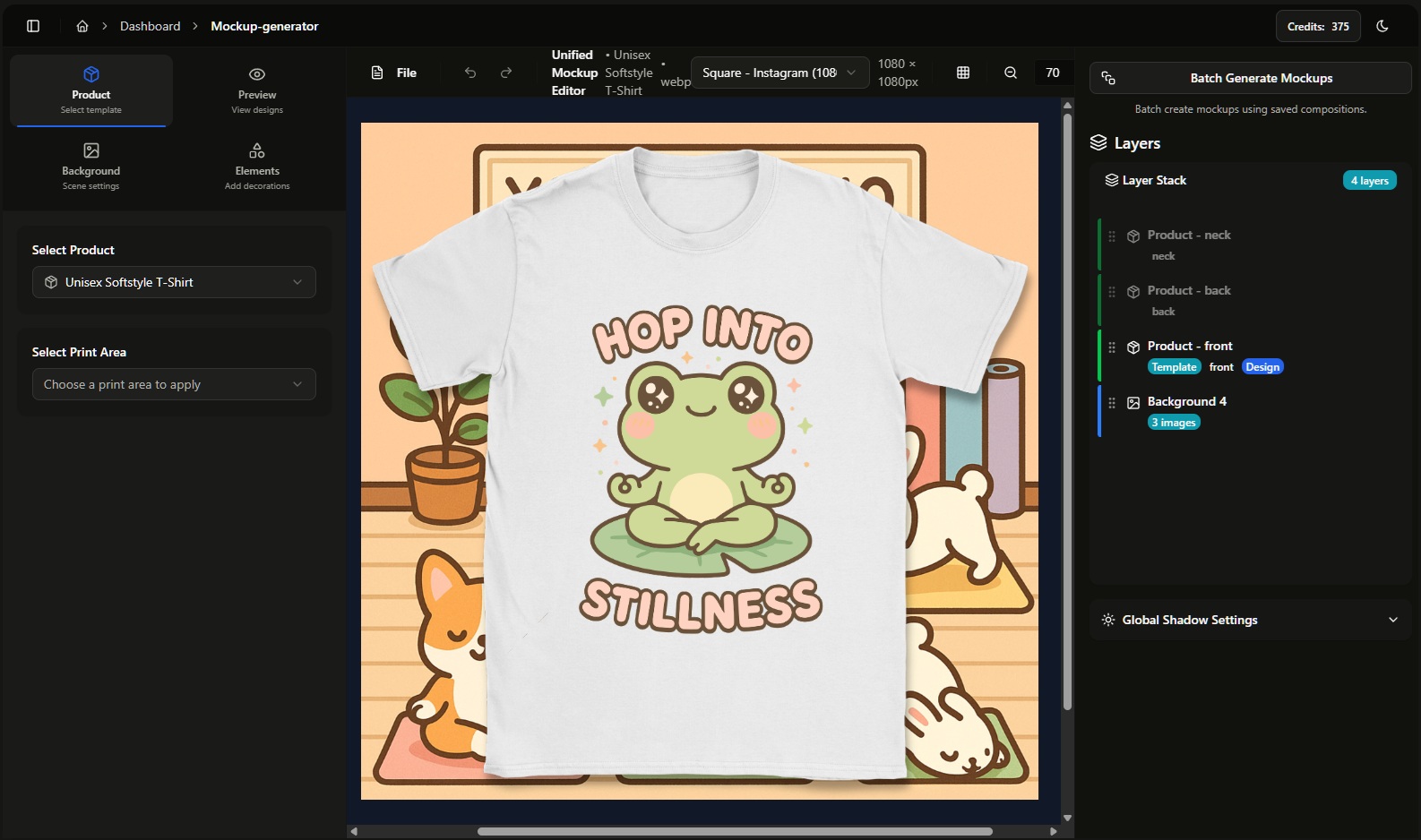 Mockup Maestro bulk mockup generator editor showing a t-shirt template with a layer stack and batch generation.