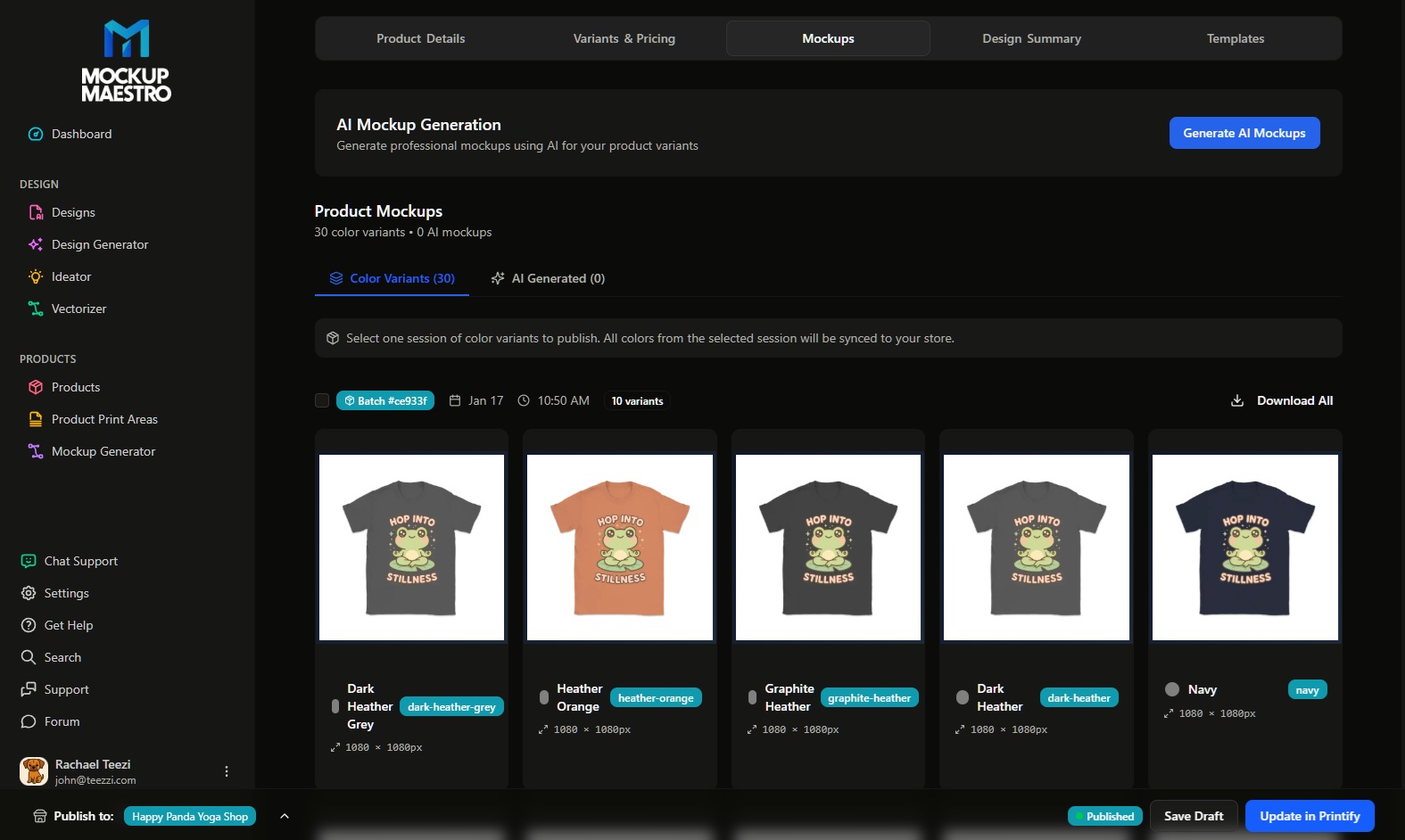 Mockup Maestro product mockups showing automatic color variants ready to sync to Printify.