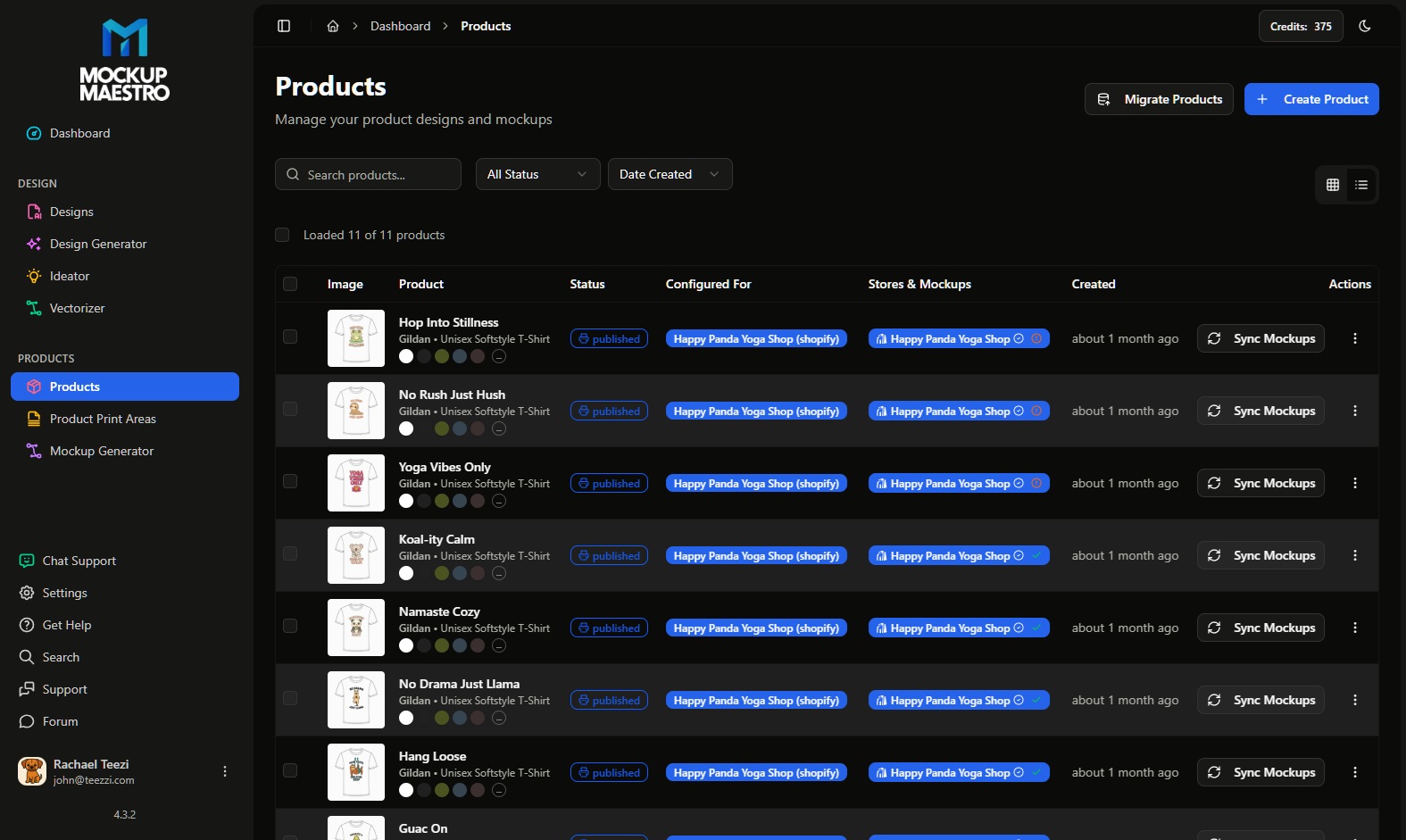 Mockup Maestro products dashboard listing multiple print-on-demand products with consistent thumbnails and sync status.