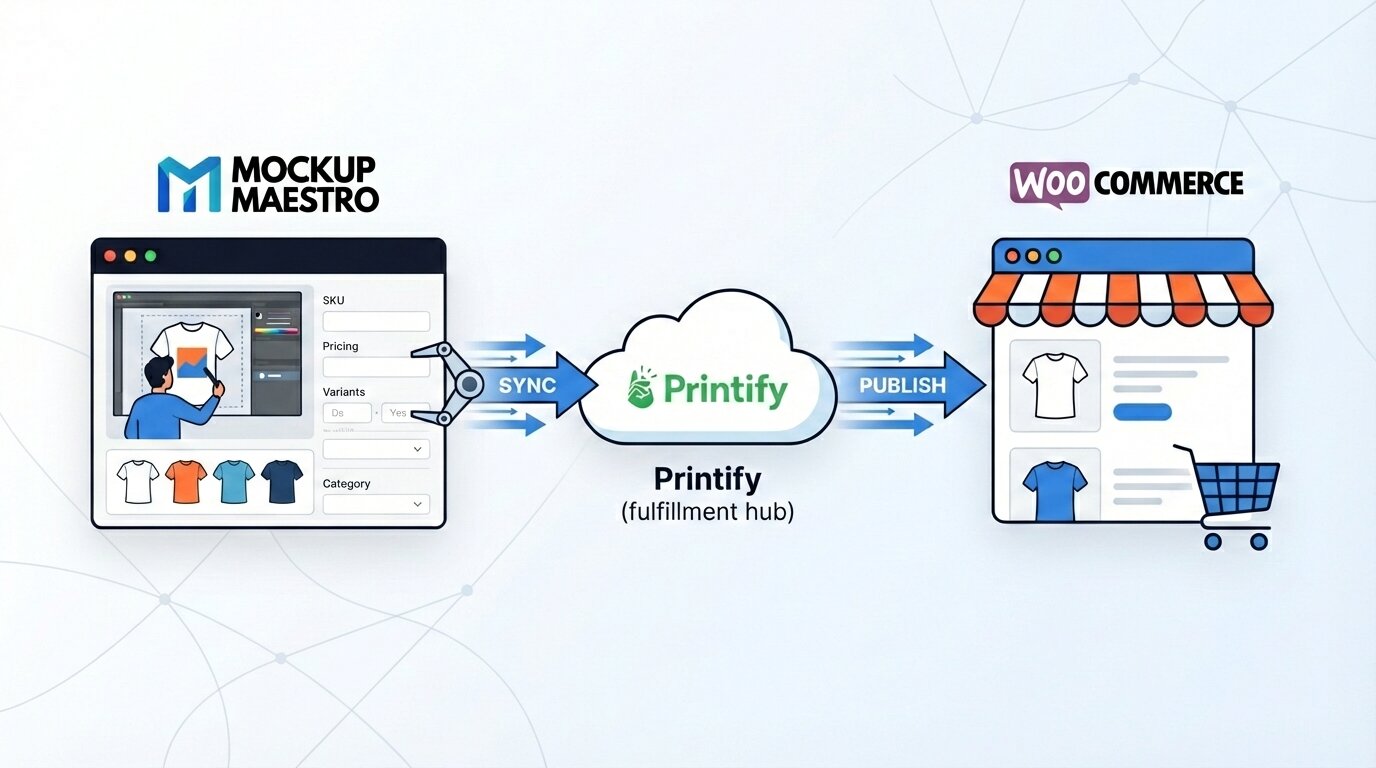 WooCommerce print on demand workflow diagram: Mockup Maestro -> Printify -> WooCommerce.